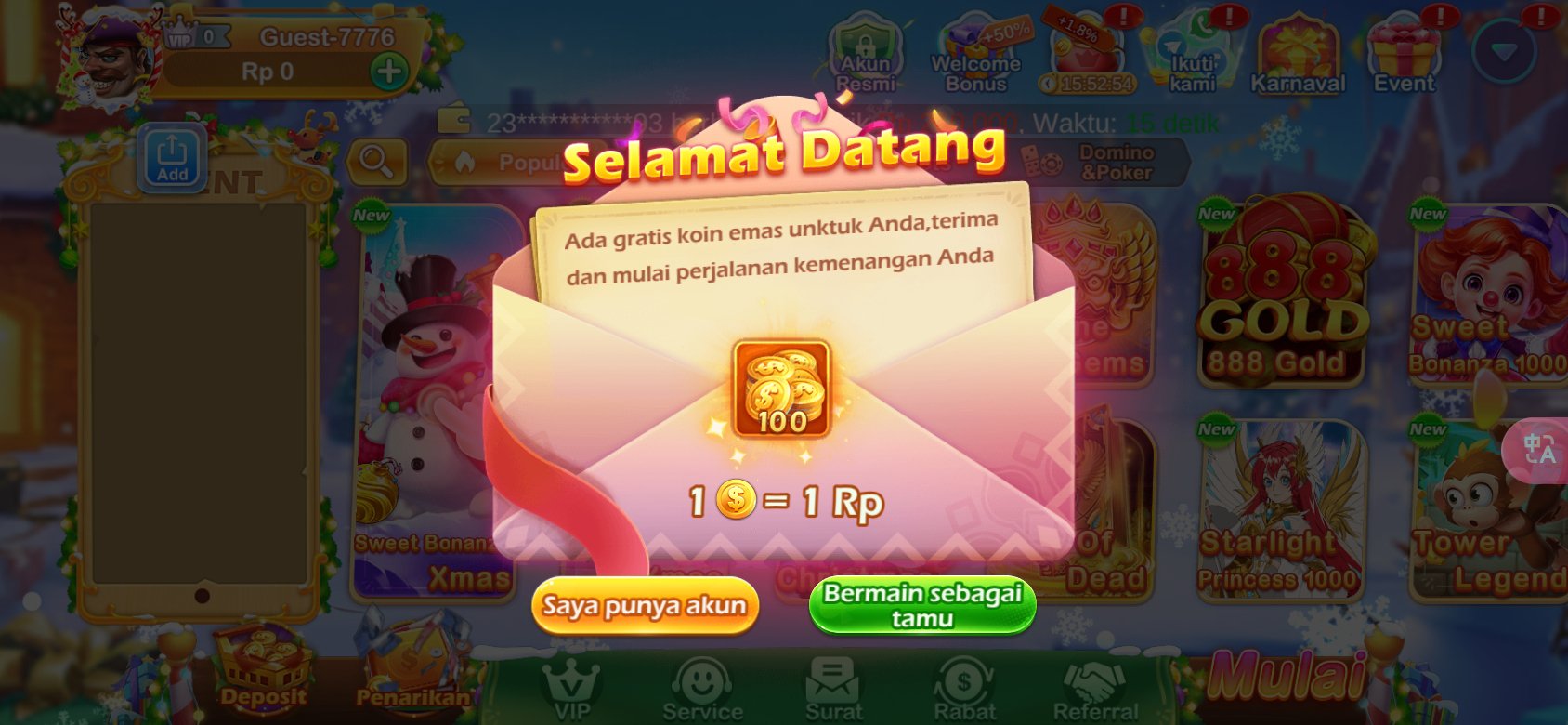 Dapatkan koin emas gratis di K3K3 2 4 3441 U untuk pengguna baru.