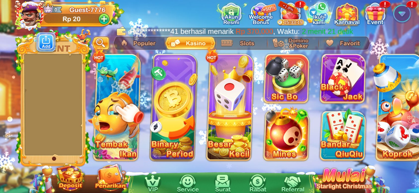 Game kasino populer seperti Tembak Ikan dan Sic Bo tersedia di K3K3 2 4 3441 U.